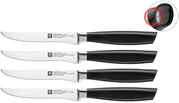 ست چاقوهای گوشت ZWILLING All * Star - 4 تکه - شامل چاقوی اصلی، چاقوی خردکن، چاقوی پوست کندن و چاقوی کوچک - لبه استیل FRIODUR با حرارت پایین - رنگ: مشکی