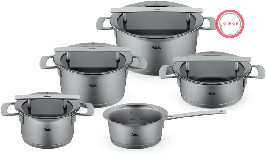 سرویس قابلمه ۵ تکه Fissler Phi Collection® – ساخت آلمان، استیل ضد زنگ ۱۸/۱۰، پایه CookStar®، طراحی مخروطی قابل روی هم قرار گرفتن، طراحی شده توسط Phoenix Design، سازگار با القای حرارتی