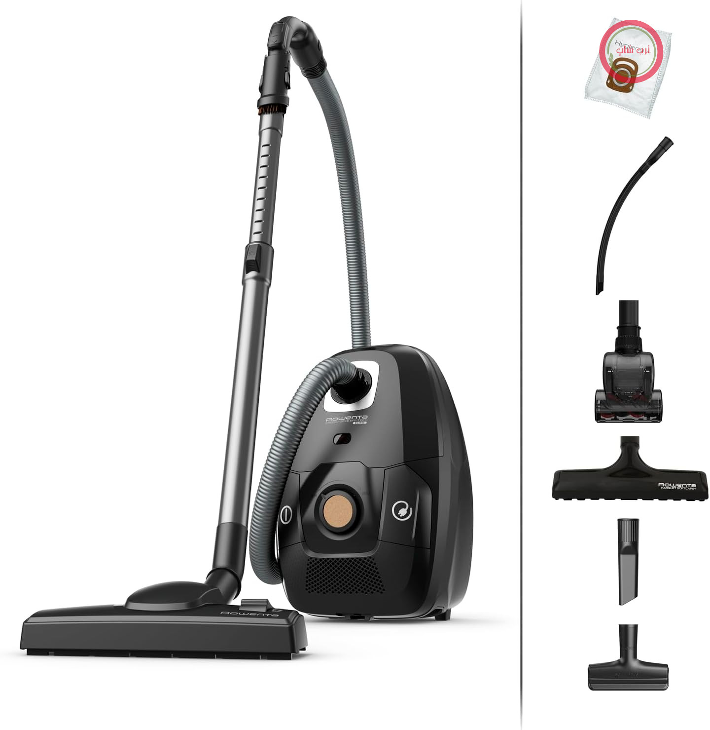 جارو برقی کیسه دار روونتا آلمان Rowenta Green Force Effitech Total Clean، 400 وات، کیسه گرد و غبار 4.5 لیتری، فیلتراسیون HEPA 99.98٪، شعاع عملکرد 12 متر، طراحی جمع و جور، شامل لوازم جانبی، مشکی، RO6189