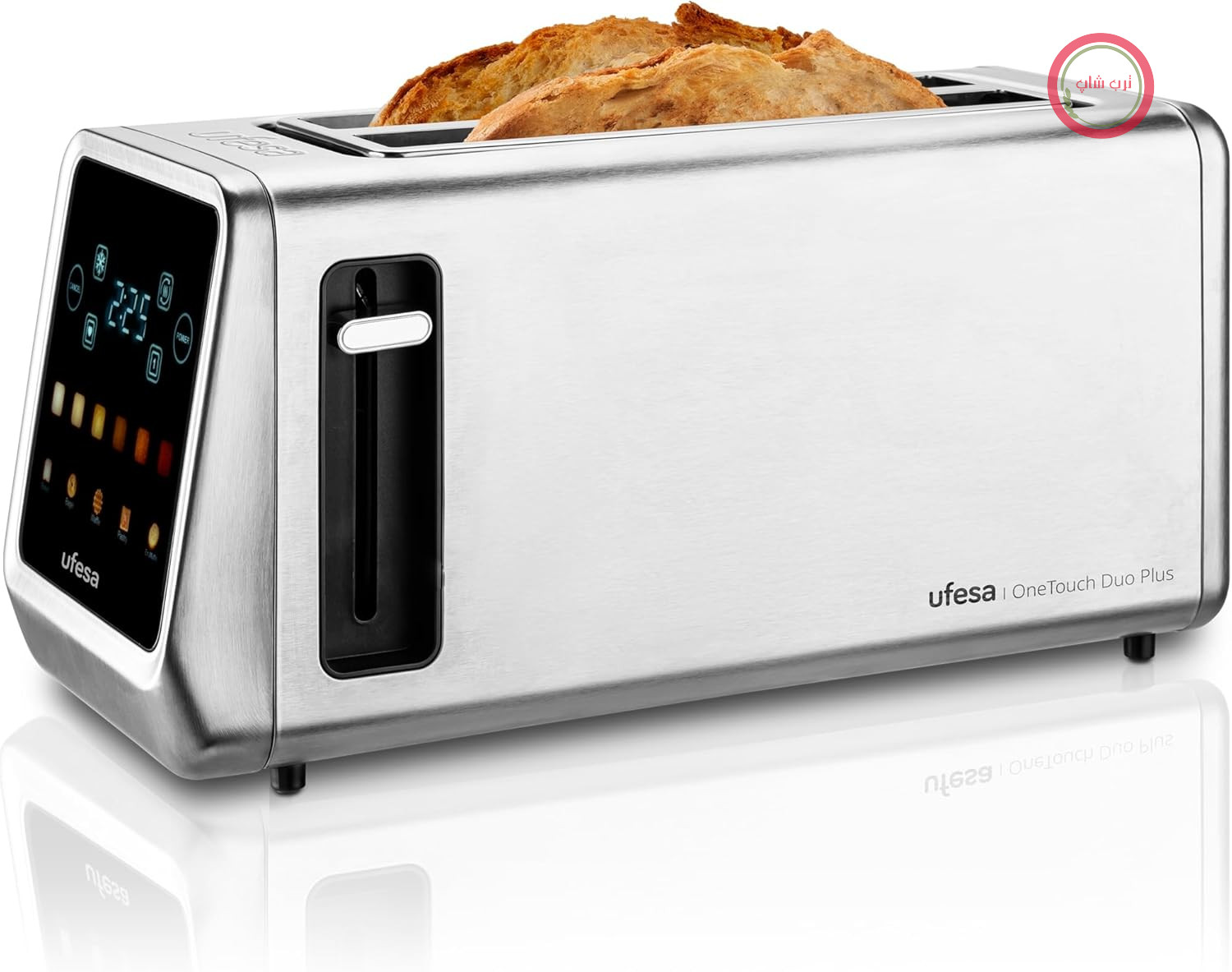 توستر دیجیتال یوفسا اسپانیا Ufesa One Touch Duo Plus با توان ۱۴۰۰ وات، ۲ محفظه، نمایشگر LED، ۶ سطح برشته کردن، عملکردهای نان، شیرینی، مافین، وافل، گرم کردن مجدد، یخ‌زدایی، عملکرد حافظه، سینی خرده نان
