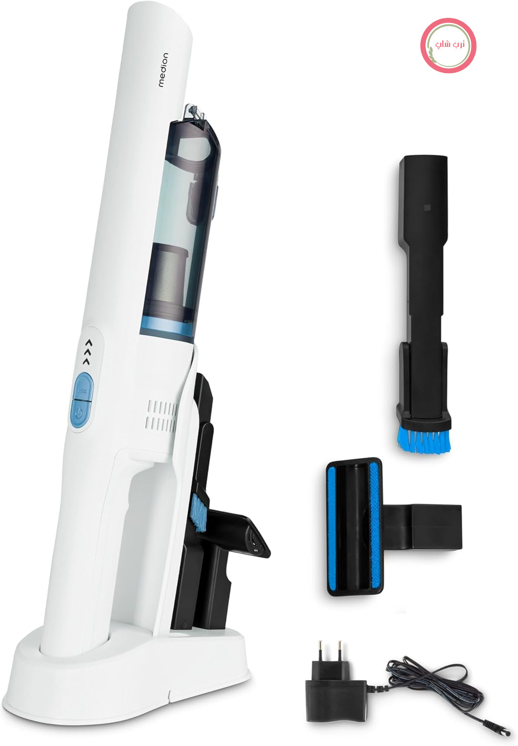 جاروبرقی دستی MEDION (باتری، بی‌سیم، موتور BLDC، جاروبرقی کوچک برای ماشین، فیلتر HEPA-13، فیلتراسیون گرد و غبار و آلرژن‌ها، قدرت مکش قوی 20 کیلوپاسکال، پایه شارژ، MD12057) سفید