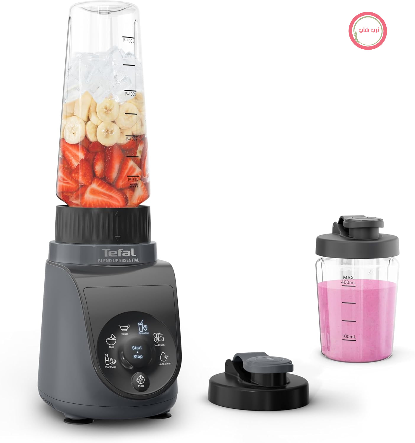 مخلوط کن کوچک Tefal Blend Up Essential، 800 وات، 6 برنامه اتوماتیک، برنامه تمیز کردن خودکار، شامل 2 ظرف، بطری 400 میلی لیتری، بطری 700 میلی لیتری، 4 تیغه Powelix، خاکستری، BL1EHBF0