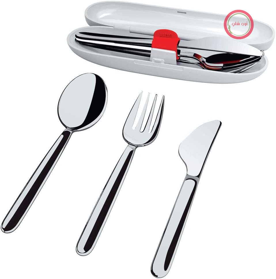 آلیسی، Food à Porter SA04S3 G، کارد و چنگال مسافرتی: قاشق، چنگال، چاقو، ساخته شده از استیل ضد زنگ 18/10. قاب ساخته شده از رزین ترموپلاستیک، خاکستری.