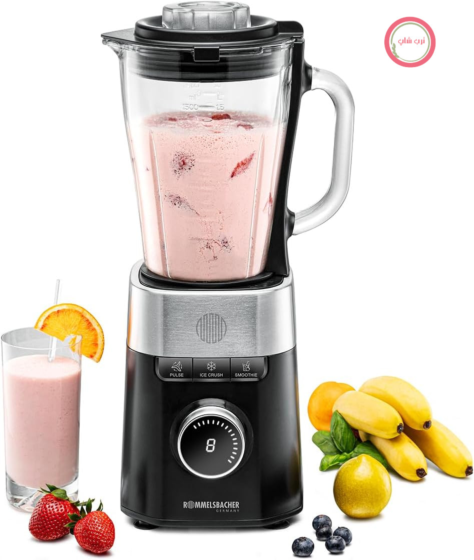 مخلوط کن ROMMELSBACHER MX 1260، 22000 دور در دقیقه، کنترل سرعت 8 مرحله‌ای، دکمه‌های عملکرد (اسموتی، پالس، خرد کردن یخ)، پارچ شیشه‌ای 1.5 لیتری، تیغه‌های استیل ضد زنگ مخصوص، 1200 وات