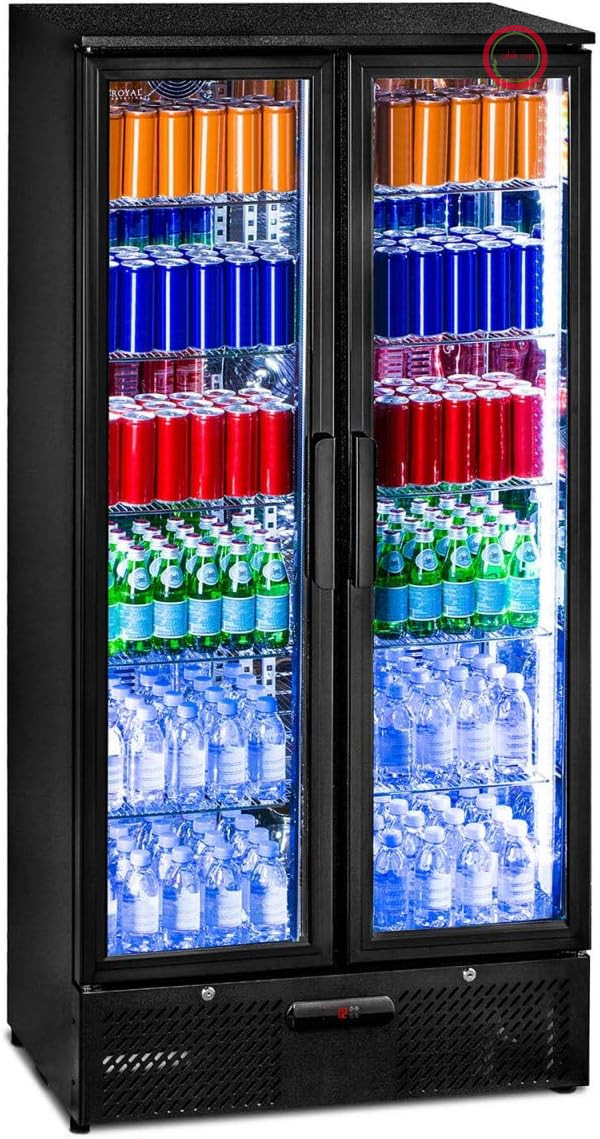 یخچال نوشیدنی Royal Catering RCGK-458C، یخچال بطری با درب شیشه‌ای، یخچال ایستاده (۴۵۸ لیتر، ۲ تا ۱۰ درجه سانتیگراد، درب‌های قفل‌دار با شیشه دوجداره، روشنایی LED، مشکی)