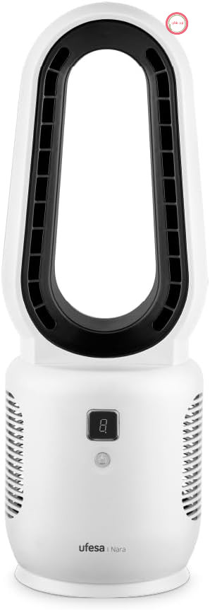 پنکه رومیزی بدون پره Ufesa Nara، قابل شارژ، 10 وات، USB-C، 3 سرعته، صفحه نمایش LED، باتری 2200 میلی آمپر ساعتی، قابلیت استفاده با سیم یا بدون سیم، شارژ سریع، جمع و جور