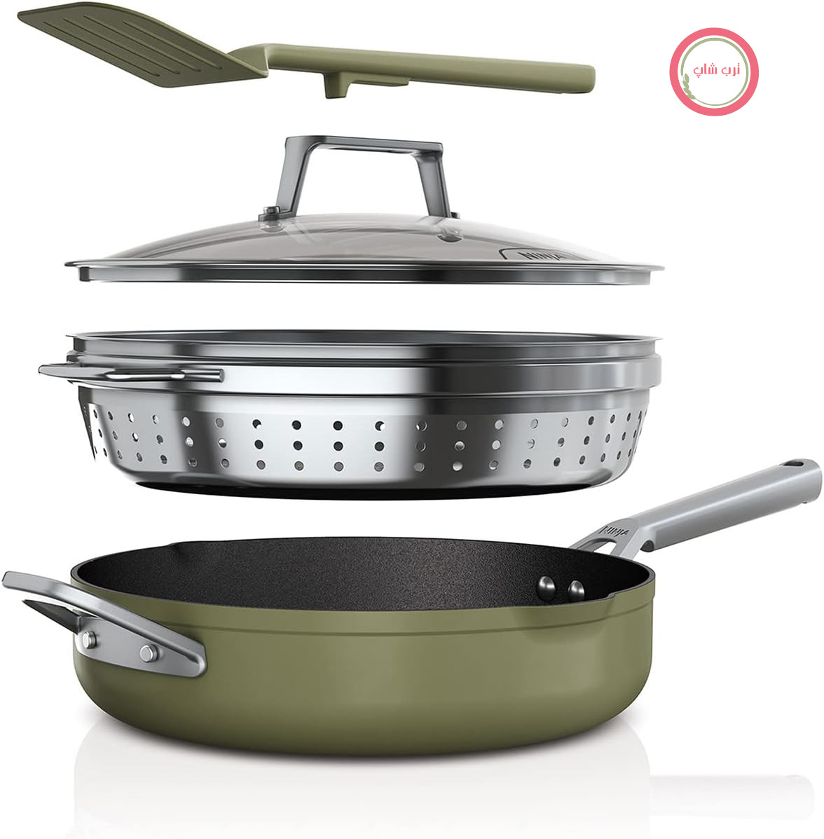ماهیتابه بخار پز نینجا ۹ کاره Ninja Foodi مدل PossiblePan [CW102GNUK] با فناوری ZEROSTICK، بخارپز/سیفون و کفگیر یکپارچه، نچسب، سازگار با دستگاه القایی، قابل شستشو در ماشین ظرفشویی، رنگ سبز زیتونی
