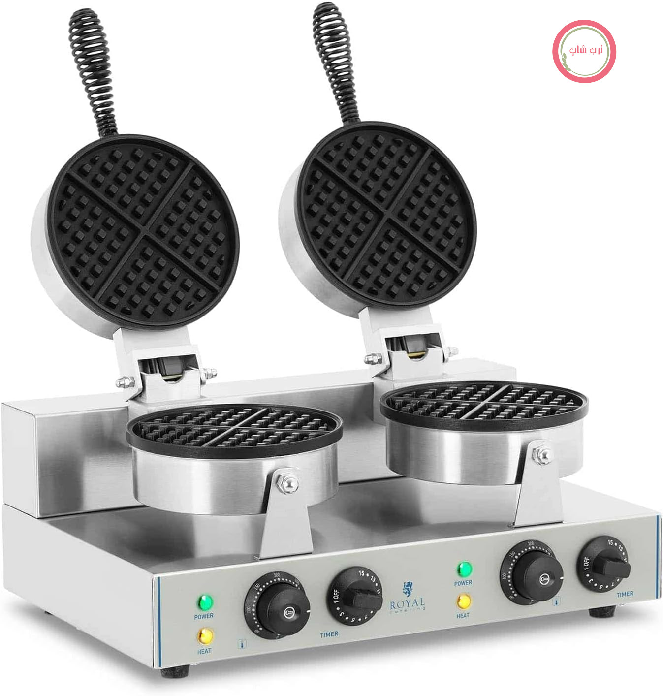 وافل ساز صنعتی رویال کترینگ آلمان Royal Catering دوبل، گرد، ۲ در ۱۳۰۰ وات، نقره‌ای