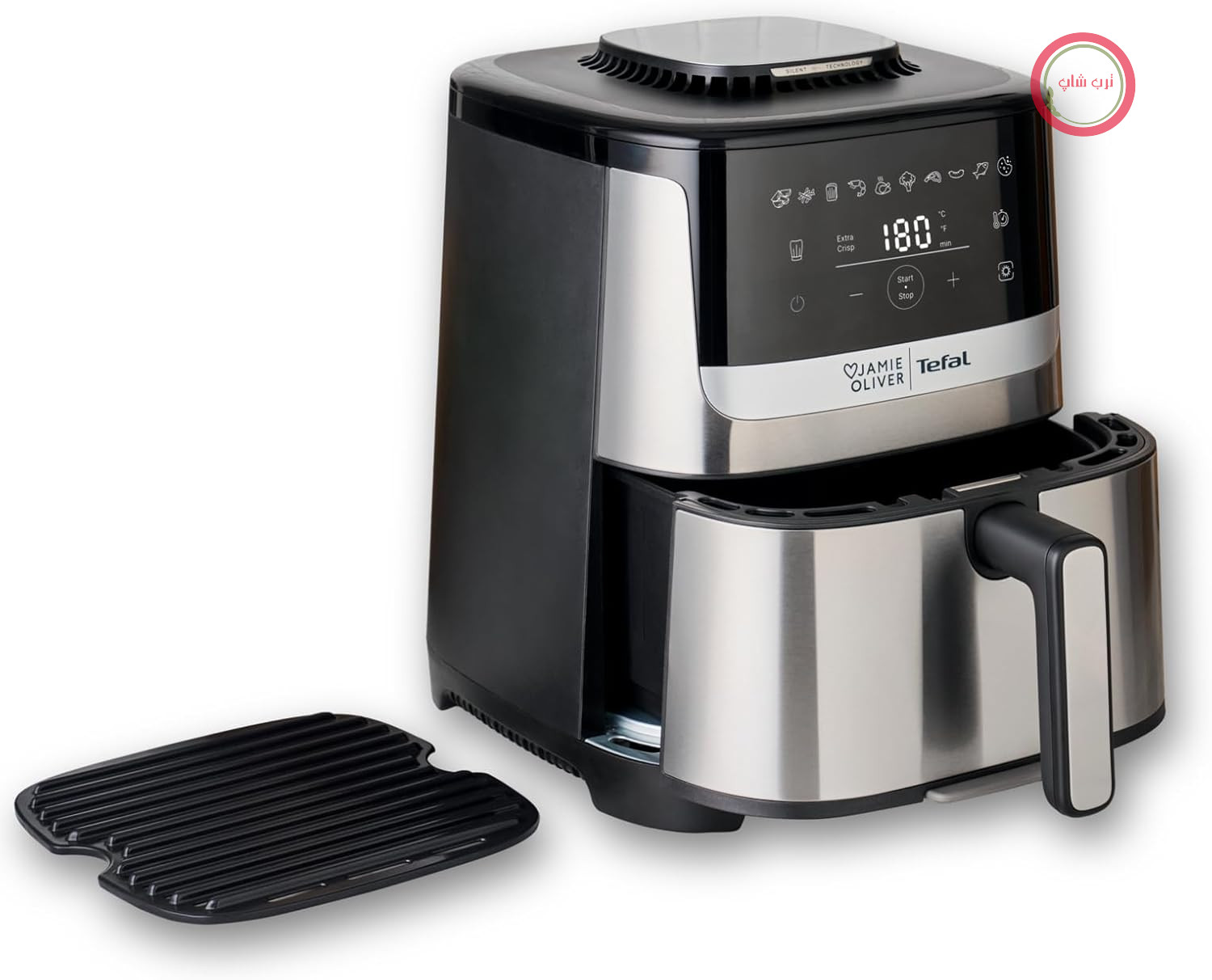 سرخ کن جیمی الیور از برند تفال، سرخ کن بدون روغن تفال مدل Easy Fry Silence Deluxe، بسیار کم صدا، 10 برنامه از پیش تعیین شده، صفحه نمایش لمسی دیجیتال، 5 لیتر، شامل توری فلزی ریخته گری شده + درب، مشکی/استیل ضد زنگ، EY55JDE0
