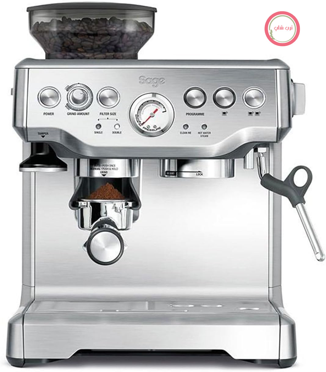 دستگاه قهوه ساز Sage The Barista Express با دفترچه راهنما، استیل ضد زنگ | دستگاه قهوه ساز با کف ساز و آسیاب دستی شیر، آسیاب اتوماتیک، کف شیر جداگانه