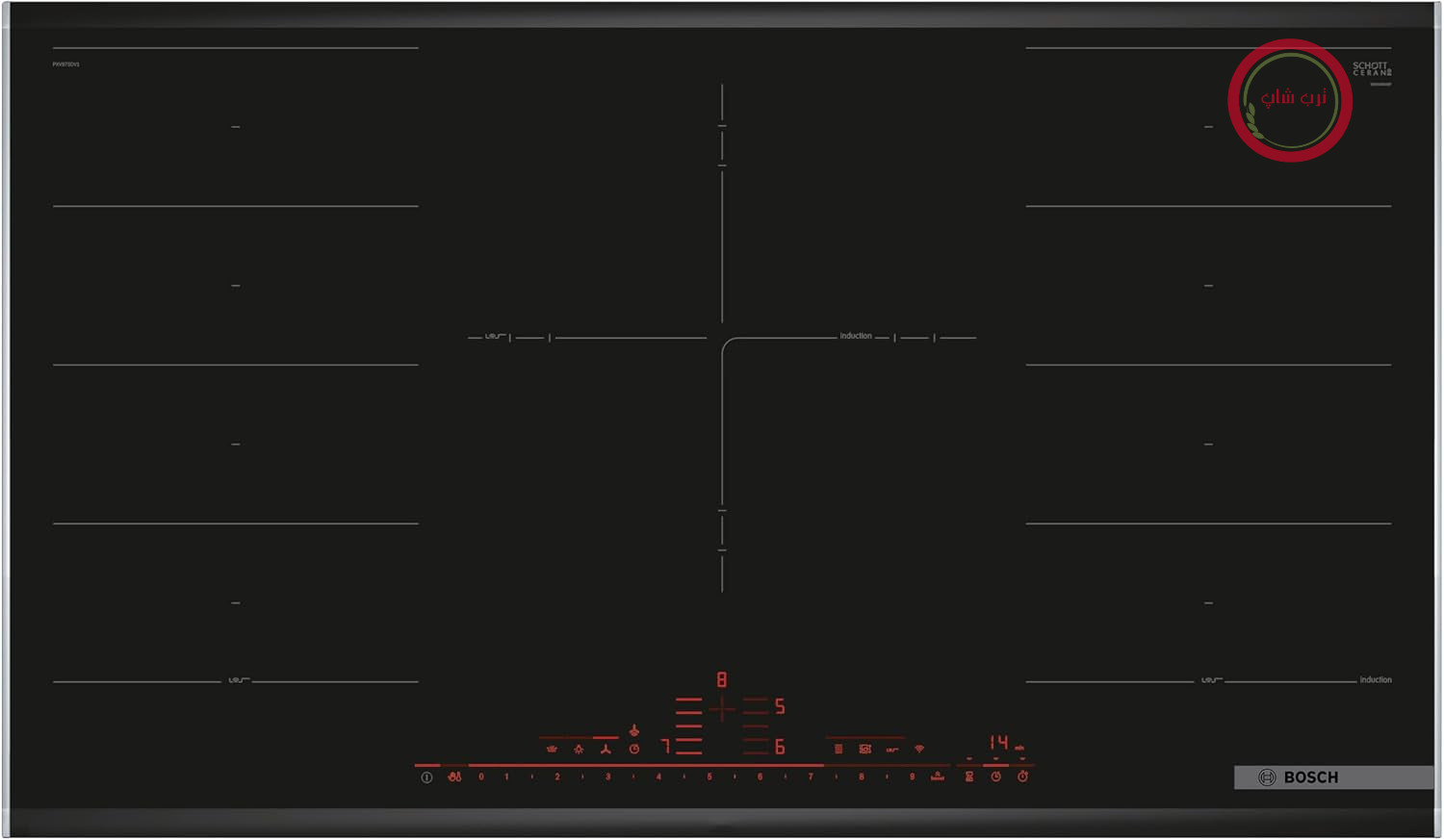 اجاق القایی هوشمند بوش سری 8 مدل PXV975DV1E (قابل استفاده در فضای باز)، عرض 90 سانتی‌متر، FlexInduction (جایگذاری آزاد)، MoveMode (سطح قدرت از پیش تعیین‌شده)، حسگر سرخ کردن PerfectFry، PowerBoost (پخت سریع‌تر)