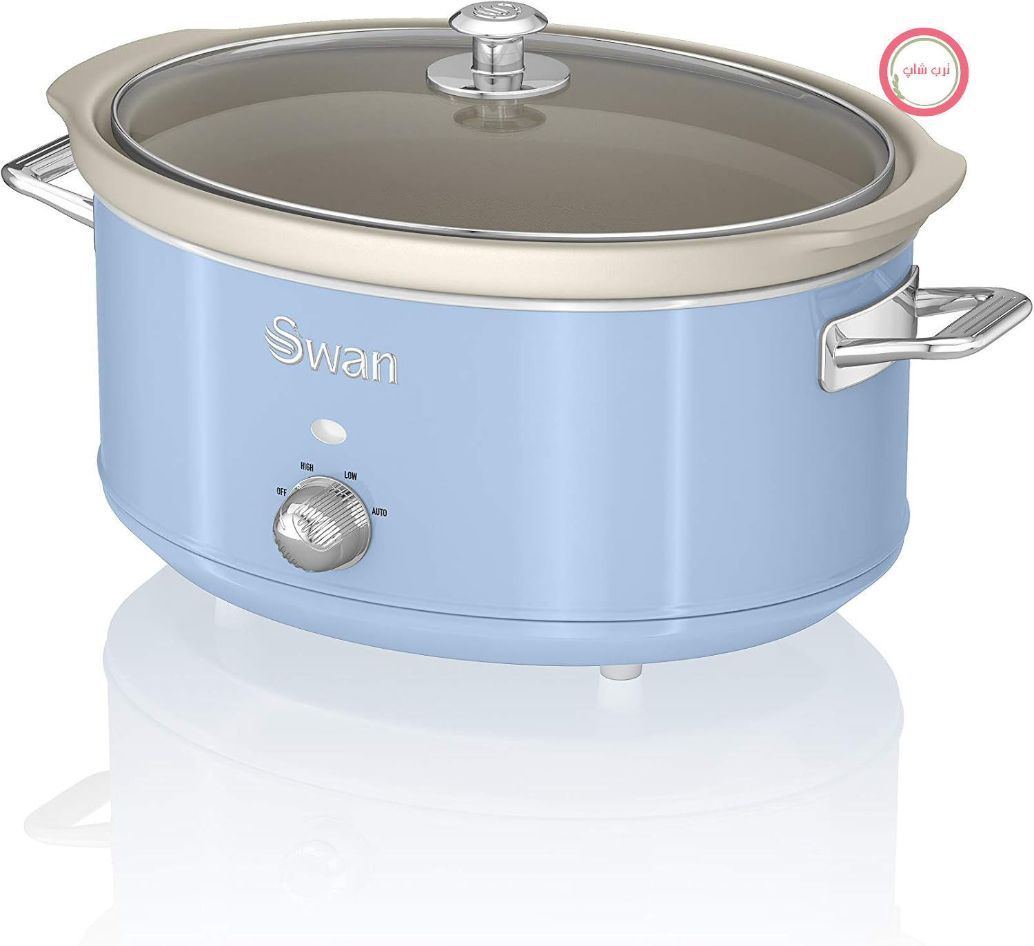 پلوپز آرام‌پز سوان انگلستان Swan Retro SF17031BLN، قابلمه جداشدنی ۶.۵ لیتری، قابلمه سرامیکی نچسب بدون PFOA و PTFE، ۳ حالت تنظیم دما، درب شیشه‌ای، طراحی قدیمی، آبی ۳۲۰ وات