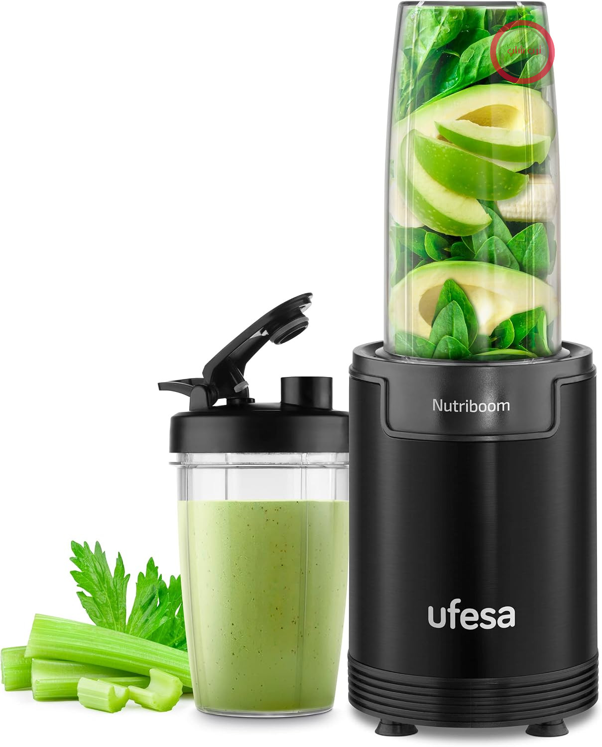 اسموتی ساز یوفسا اسپانیا Ufesa BS2500 Nutriboom، عصاره گیر مواد مغذی چند منظوره، قدرت 900 وات، اسموتی و شیک، شامل 6 لوازم جانبی، تیغه های استیل ضد زنگ، مشکی