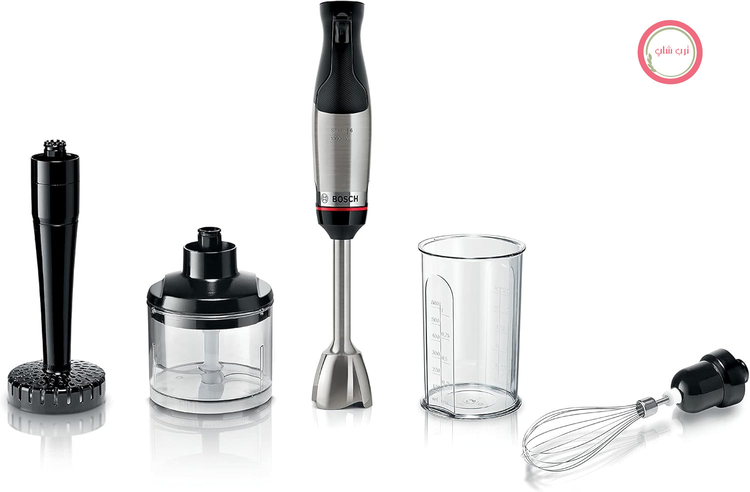 مخلوط کن دستی Bosch ErgoMaster Series 6 MSM6M623، 10 سال گارانتی موتور، تیغه‌های استیل ضد زنگ، کوپلینگ سرامیکی ضد سایش، خنک کننده هوا، خردکن، له کننده سیب زمینی، همزن، 1000 وات، استیل ضد زنگ