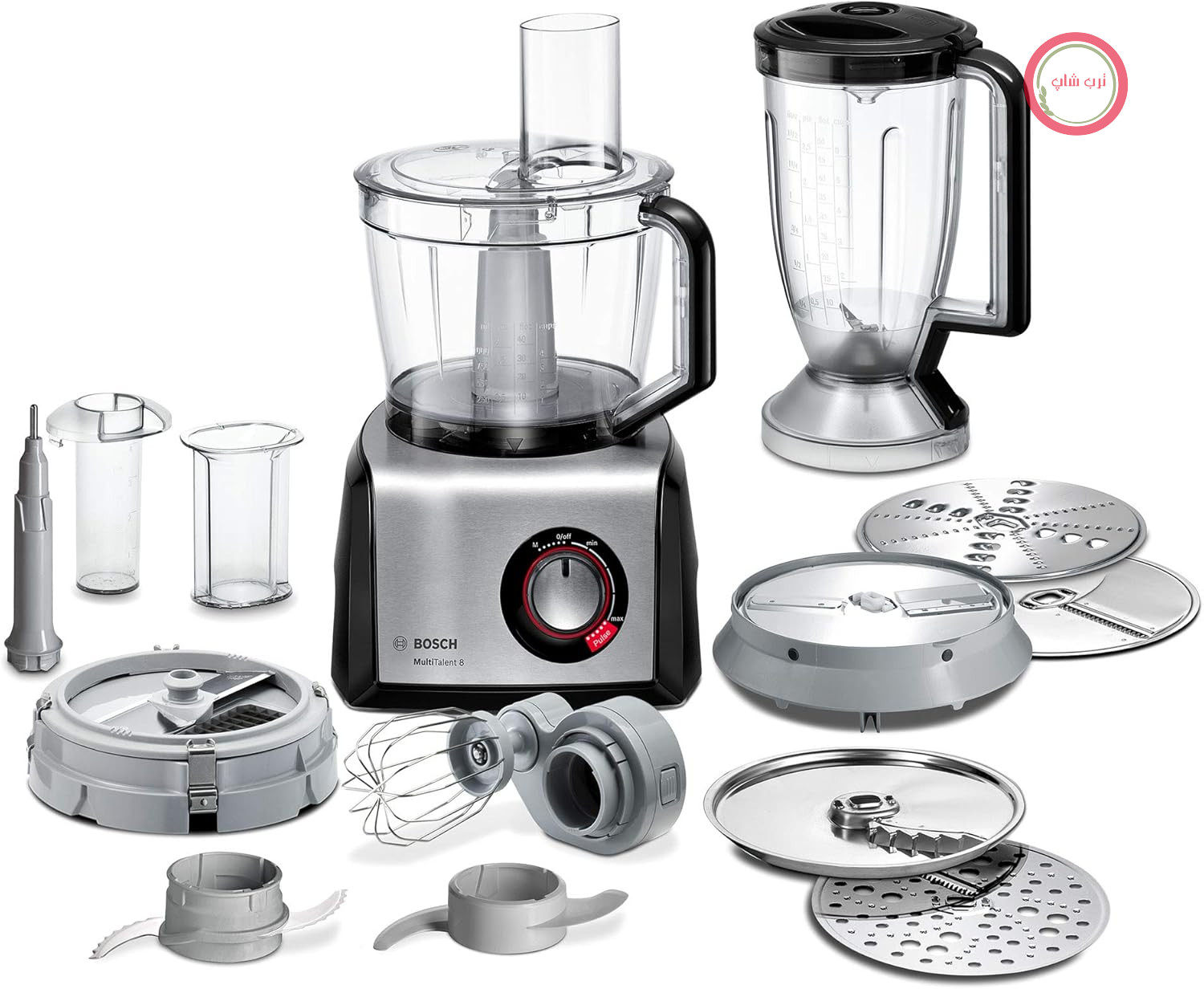 غذاساز جمع و جور Bosch MultiTalent 8 MC812M865، ۴۵ کاره، کاسه مخلوط کن ۳.۹ لیتری XXL، مخلوط کن ۱.۵ لیتری، تیغه جهانی، تیغه خردکن، دیسک رنده، دیسک برش/خردکن دو طرفه، ۱۲۵۰ وات، مشکی