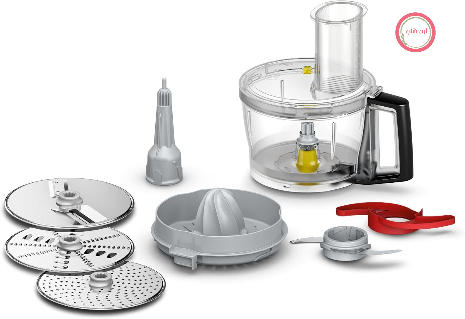 مجموعه لوازم جانبی Bosch VeggieLove Plus MUZ9VLP1، مخلوط کن چندکاره، سه دیسک (دیسک برش دو طرفه، دیسک رنده دو طرفه، دیسک خردکن متوسط-ریز)، تیغه خردکن، آب مرکبات گیر، برای غذاساز سری 8، OptiMUM