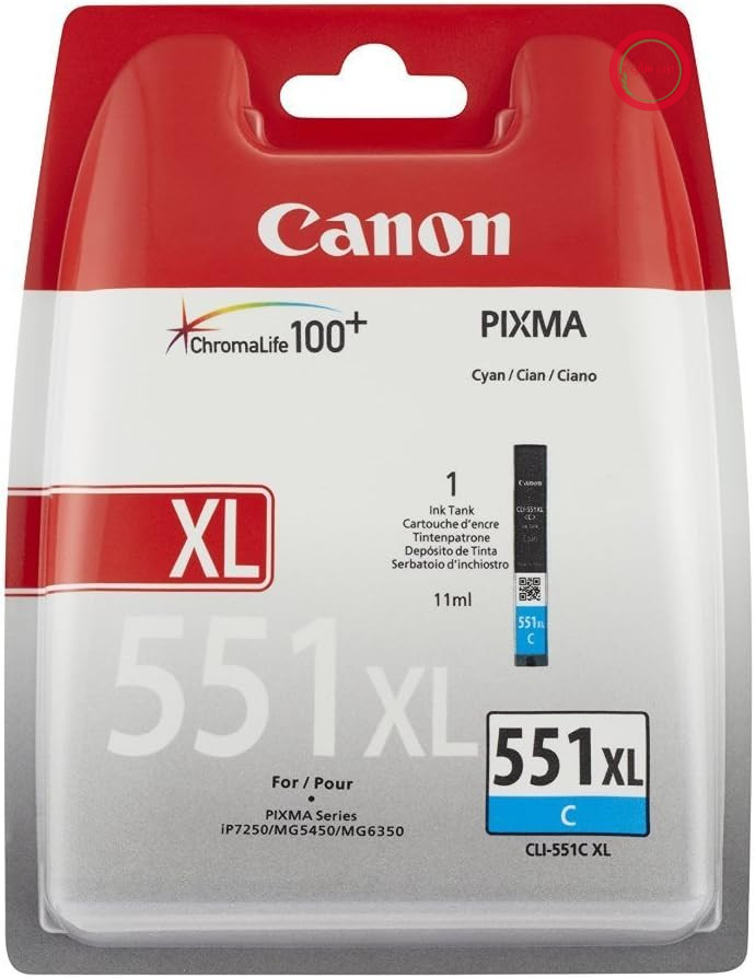 جوهر اصلی کانن CLI-551XL C، سایز XL، فیروزه‌ای، بسته‌بندی پلاستیکی (نسخه قدیمی)