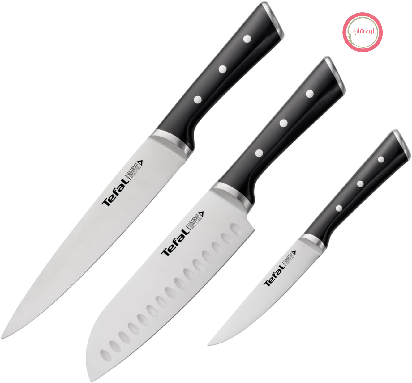 ست چاقوی سه تکه Tefal Ice Force، چاقوی کنده کاری 20 سانتی متری، چاقوی Santoku 18 سانتی متری، چاقوی همه کاره 11 سانتی متری، استیل ضد زنگ آلمانی، عملکرد برش و تیزی طولانی مدت، استیل ضد زنگ/مشکی، K232S374