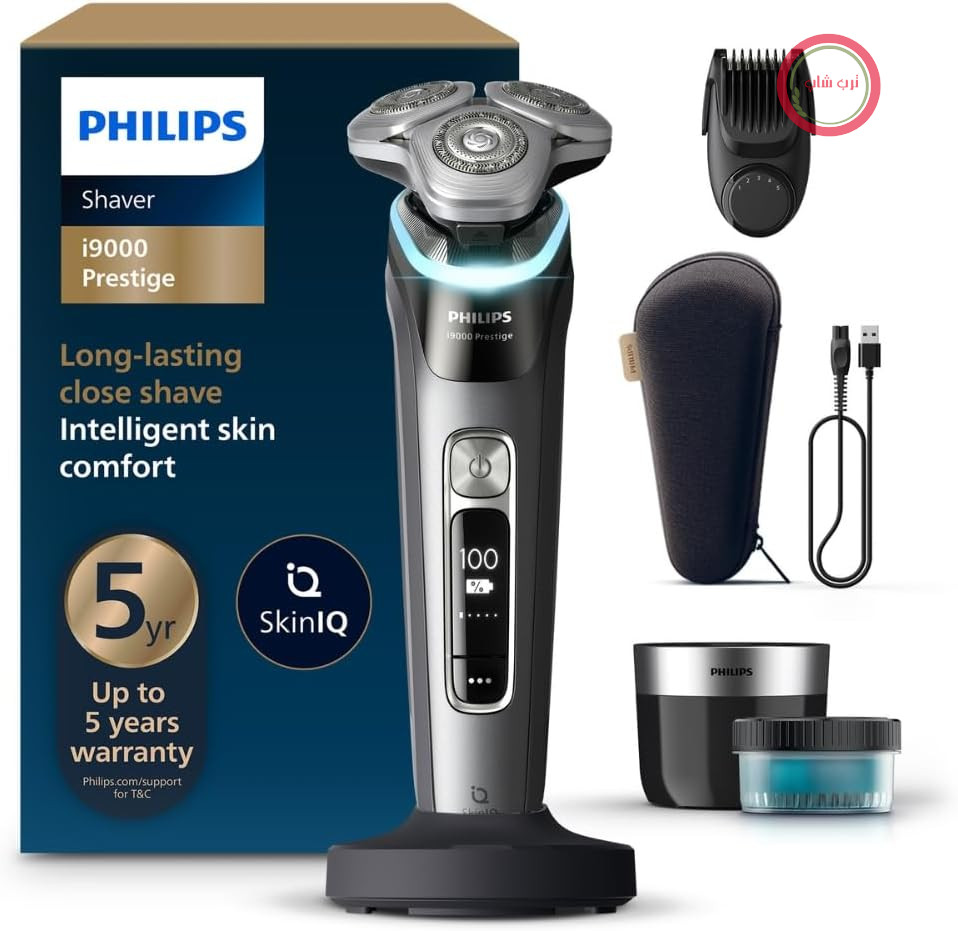 ریش‌تراش برقی فیلیپس سری پرستیژ i9000 (نسخه AU) با SkinIQ، پایه شارژ، کپسول Quick Clean + کیف مسافرتی، ماشین اصلاح ریش، ماشین اصلاح سبیل/بینی، ساخت هلند، 5 سال گارانتی