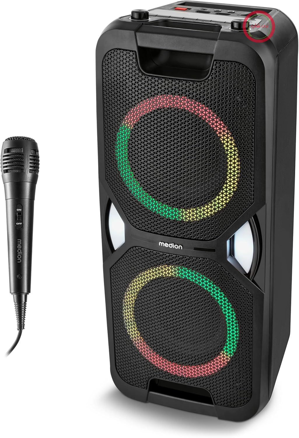 MEDION PE-1 Pure Partybox (باتری خور، دارای میکروفون، بلندگوی بلوتوث قابل حمل بزرگ، جعبه موسیقی، جلوه‌های نوری متنوع، بلندگوی مهمانی با کارائوکه، ۲ ورودی میکروفون، AUX، USB، رادیو)