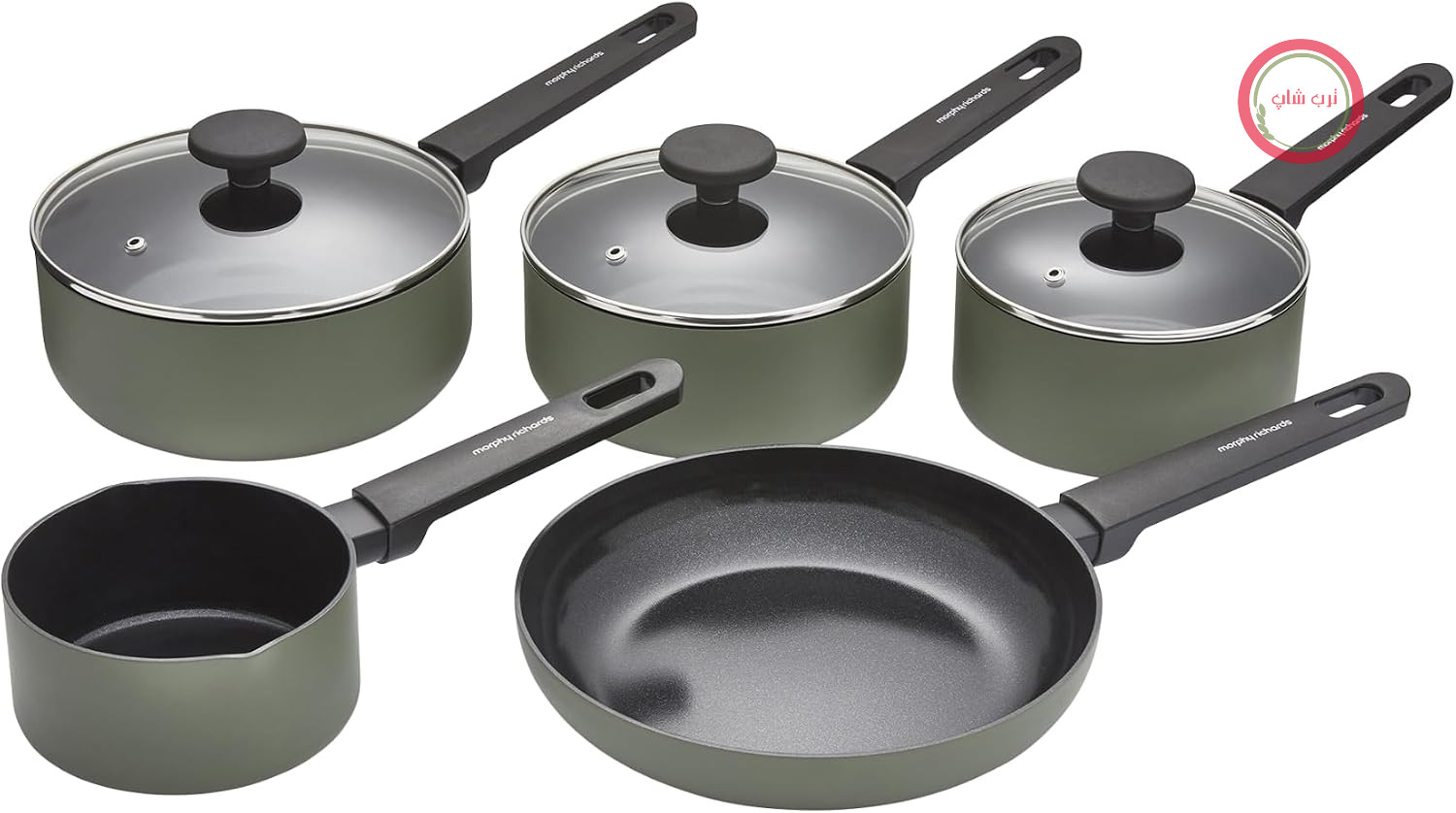 سرویس قابلمه مورفی ریچاردز انگلستان Morphy Richards مدل ۸۵۹۵۰۱، جنس آلومینیوم بازیافتی، قابلمه شیر ۱۴ سانتی‌متری، ماهیتابه ۲۳ سانتی‌متری، قابلمه‌های ۱۶، ۱۸ و ۲۰ سانتی‌متری