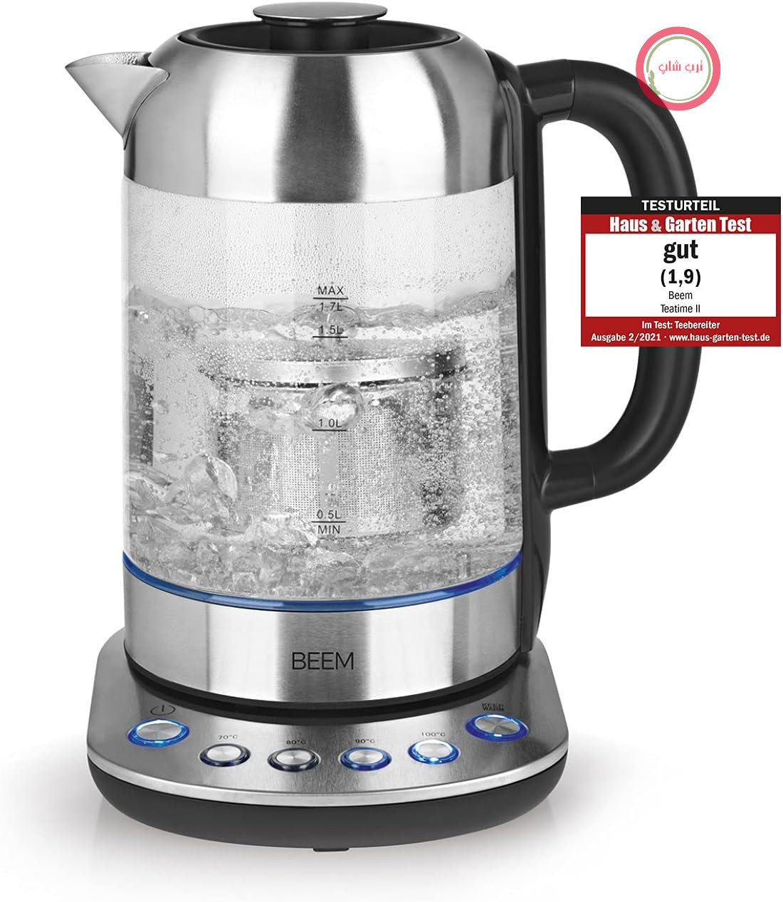 کتری چای و آب BEEM 7919 TEATIME II با کنترل دما، 1.7 لیتر | شامل دم کننده چای از جنس استیل ضد زنگ | روشنایی LED | شیشه و استیل ضد زنگ