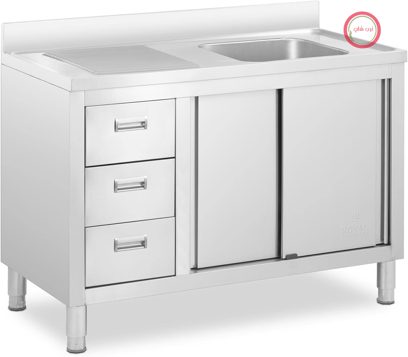 کابینت روشویی صنعتی رویال کترینگ آلمان Royal Catering RC-IKS08، 1 کاسه، استیل ضد زنگ، 400 در 400 در 300 میلی‌متر، کابینت پایه روشویی، کابینت روشویی