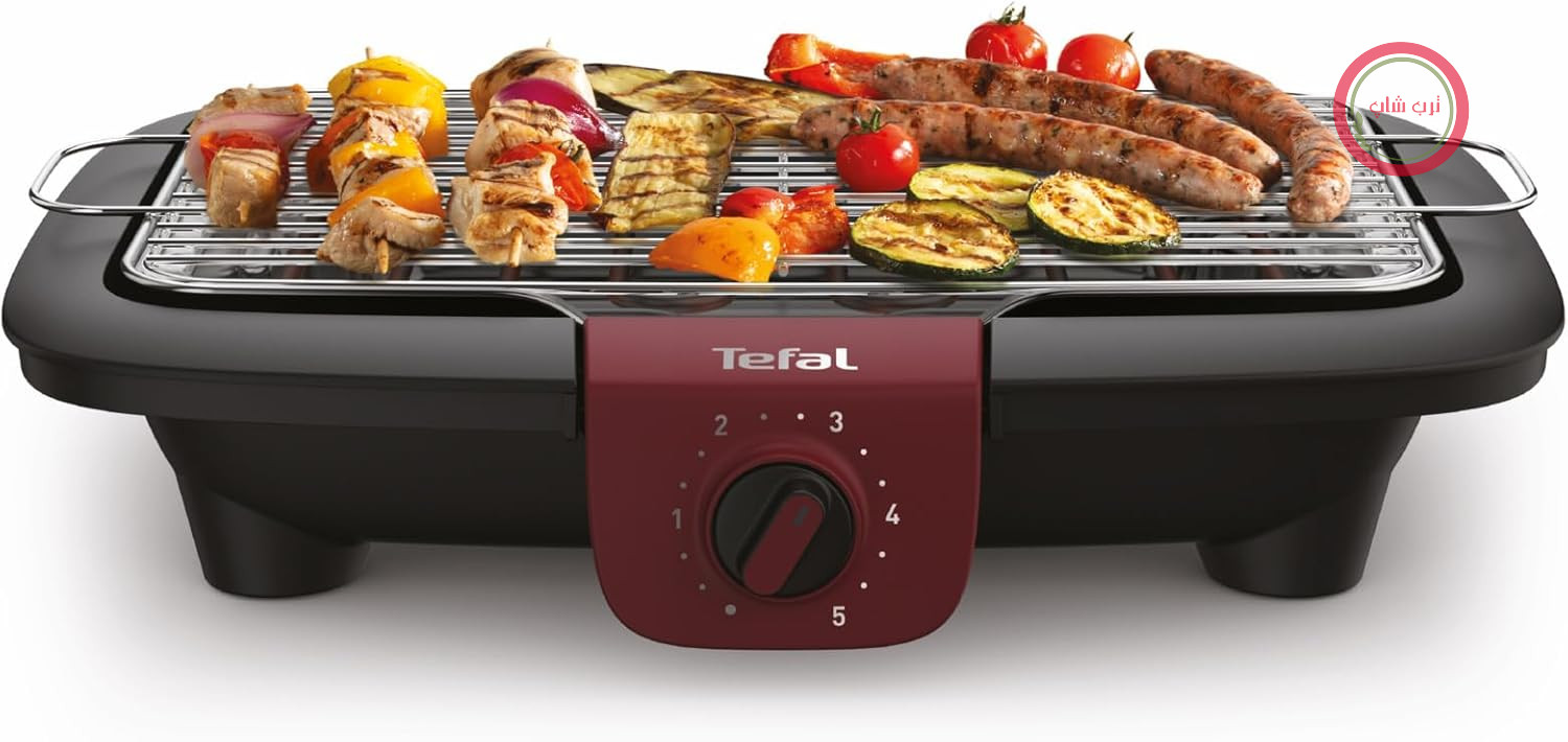 گریل برقی قرمز Tefal Easygrill Adjust، گریل رومیزی ۲۳۰۰ وات، سطح گریل ۸۷۰ سانتی‌متر مربع، تمیز کردن آسان، قفسه گریل و سینی چکه گیر، قابل شستشو در ماشین ظرفشویی، کاملاً جداشونده، مشکی/شرابی، BG90E5