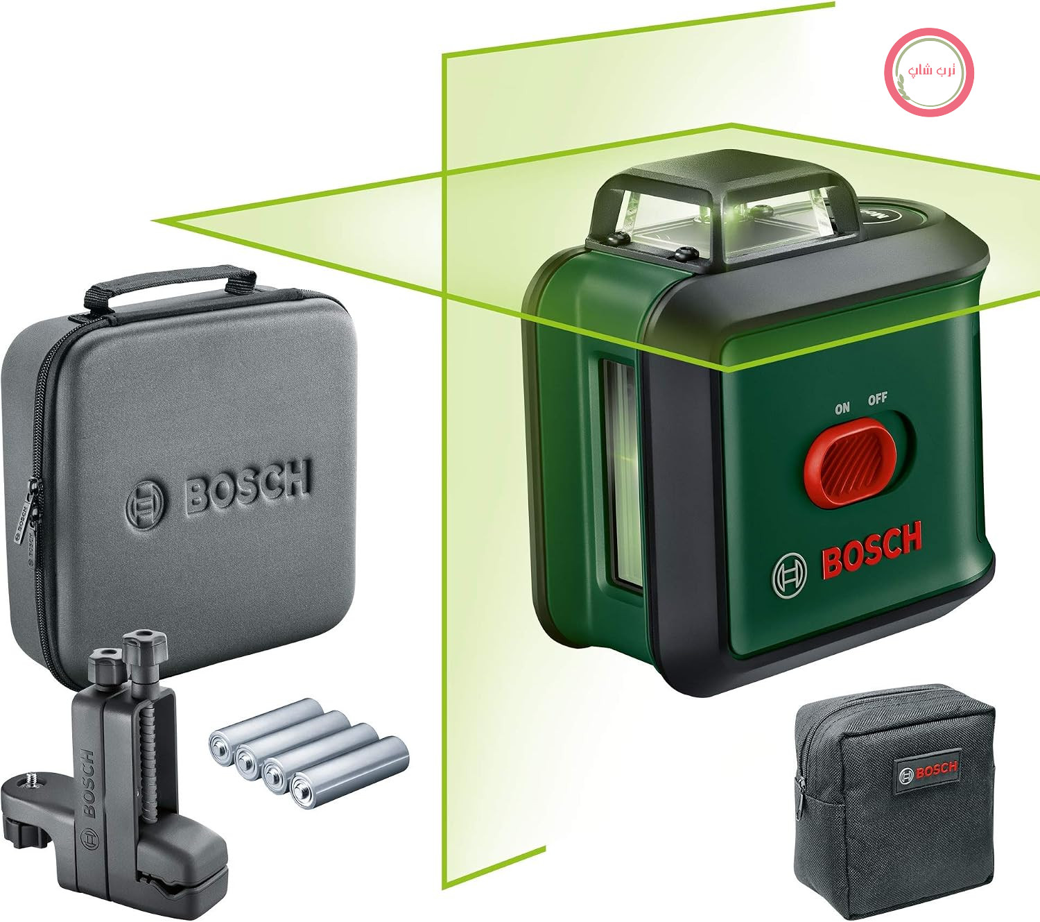 تراز لیزری خط‌کشی بوش آلمان Bosch مدل UniversalLevel 360 Flexi Set با گیره جهانی MM 3 لیزر سبز، برد کاری تا 24