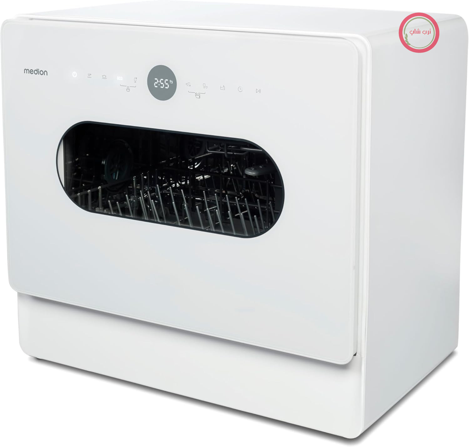 ماشین ظرفشویی کوچک MEDION مدل DWT51 (ماشین ظرفشویی رومیزی با صفحه کنترل لمسی، عملکرد سطل، تنظیمات ۵ نفره، با/بدون اتصال آب کار می‌کند، ۷ برنامه شستشو، تأخیر زمان شروع، MD 37766) سفید