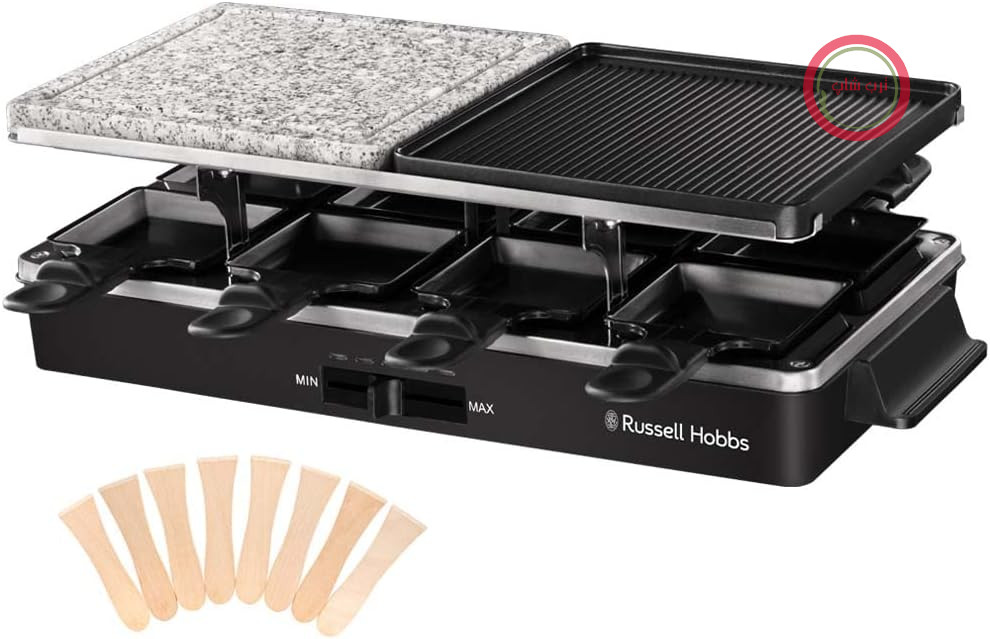 گریل پیتزا راسل هابز مدل Raclette برای ۸ نفر (شامل ۸ تابه و کفگیر چوبی، ۲ صفحه گریل رومیزی: سنگ طبیعی با شیار آبمیوه‌گیری و صفحه دنده‌ای نچسب/تپان‌یاکی) ۲۶۲۸۰-۵۶