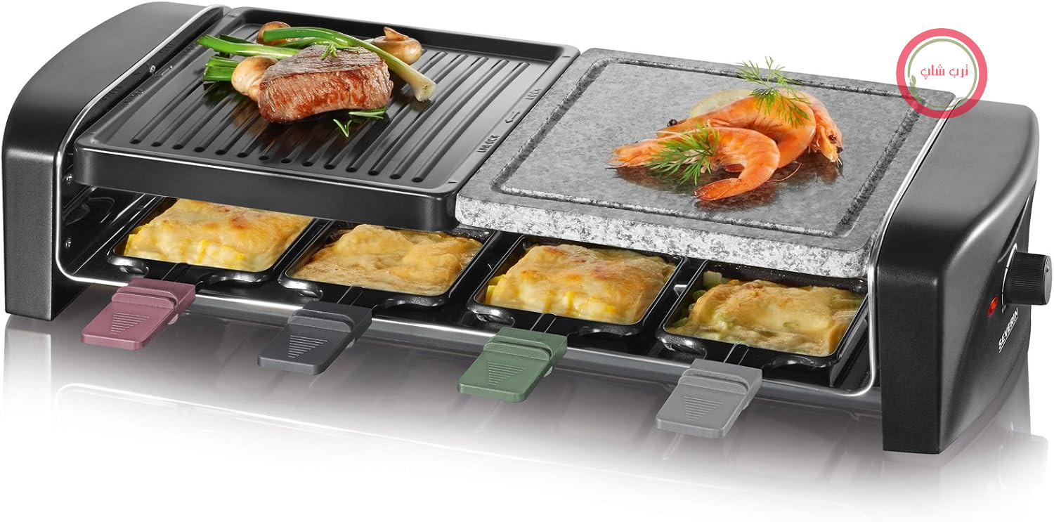 گریل راکلت سورین آلمان SEVERIN Raclette با سنگ گریل طبیعی و صفحه گریل، Raclette با صفحه گریل نچسب، گریل رومیزی برای 8 نفر، حداکثر 1400 وات، استیل ضد زنگ / مشکی، RG 9645