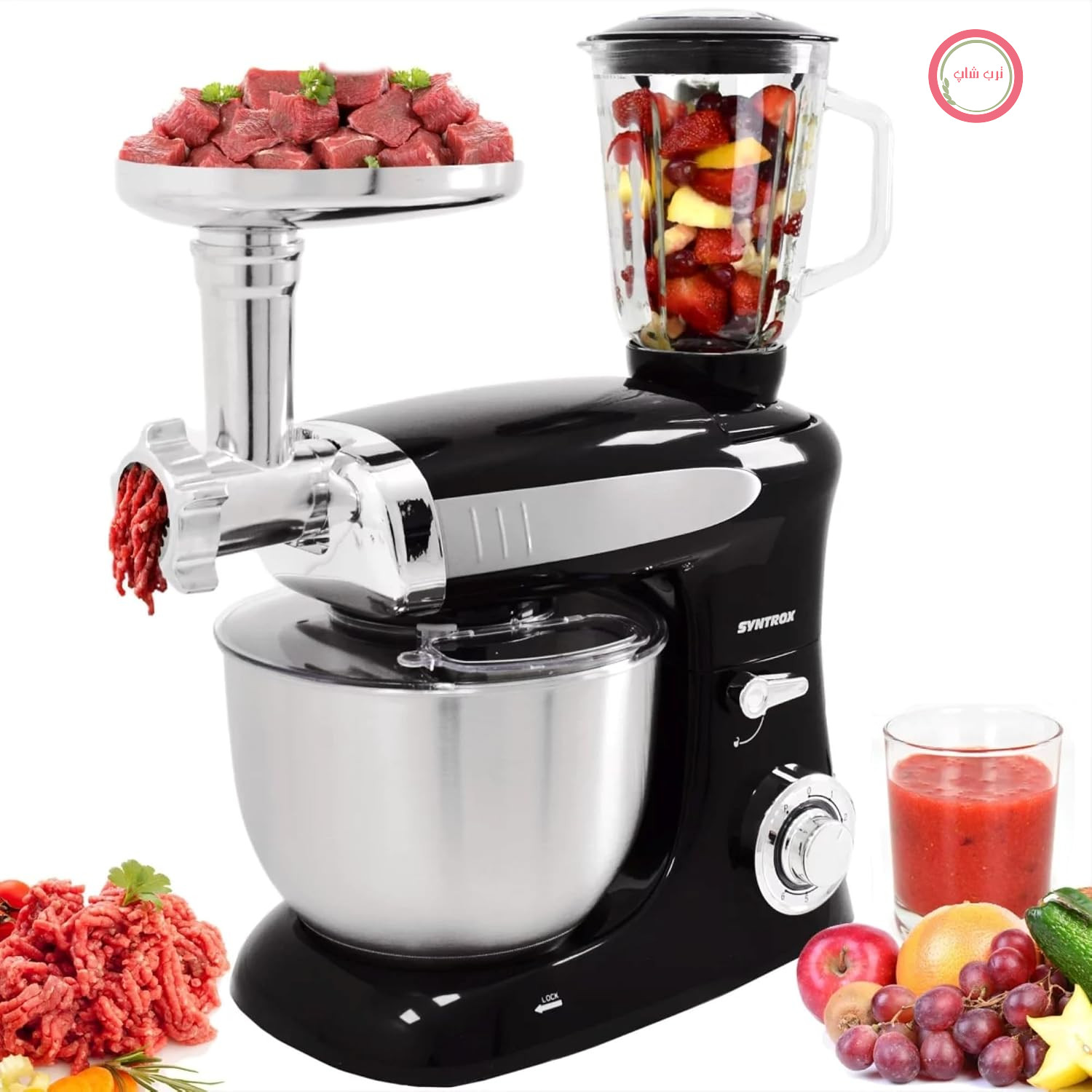 غذاساز سینتروکس آلمان Syntrox Germany مدل Deluxe با چرخ گوشت و مخلوط کن، دستگاه مخلوط کن با لوازم جانبی، کمک آشپزی همه کاره، مخلوط کن و چرخ گوشت در یک دستگاه، ۱۳۰۰ وات، ۲۳۰ ولت (مشکی)