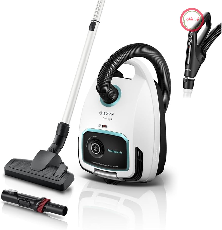 جاروبرقی کیسه‌دار Bosch ProHygienic Series 6 BGL6LHYG، جاروبرقی مخزن‌دار، ایده‌آل برای افراد مبتلا به آلرژی، فیلتر بهداشتی، مناسب برای پارکت، فرش، کاشی، کابل بلند، برس عمومی، 600 وات، سفید