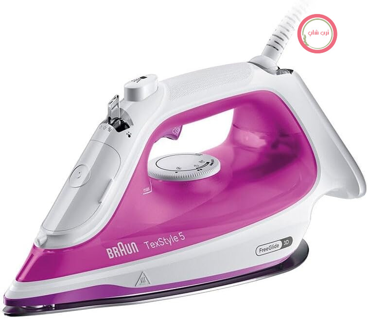اتو بخار براون مدل خانگی TexStyle 5 SI5225 PU با کفی FreeGlide 3D، نوک دقیق، بخار عمودی، سیستم ضد چکه، افزایش بخار 200 گرم در دقیقه، مخزن 300 میلی‌لیتری، 2500 وات، سفید/بنفش
