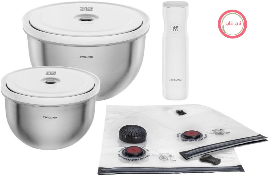 دستگاه وکیوم  و ظروف وکیوم زولینگ آلمان ZWILLING در 9 قطعه  2 کاسه استیل با 2 درب وکیوم (18-24 سانتی متر) - 4 عدد کیسه - پمپ