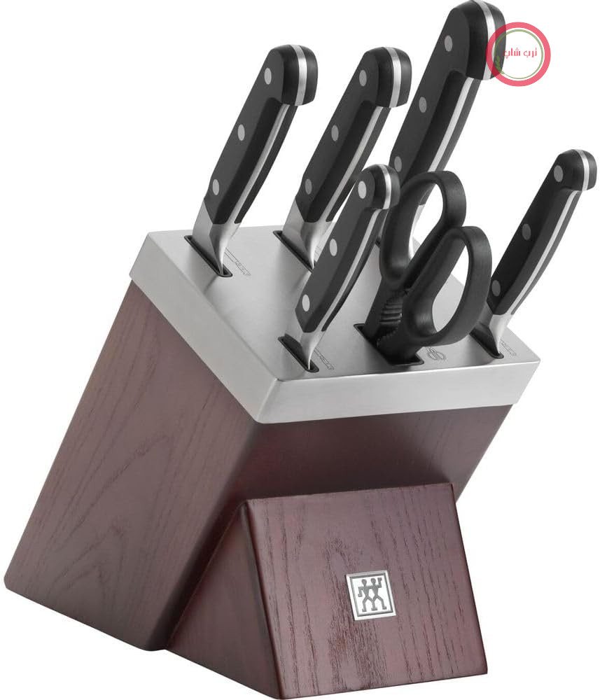 بلوک چاقوی ZWILLING Pro خود تیز شو - 7 تکه - جنس چوب Esche - شامل چاقو و قیچی - ساخته شده از فولاد ضد زنگ با طراحی 3 نیت - رنگ قهوه ای