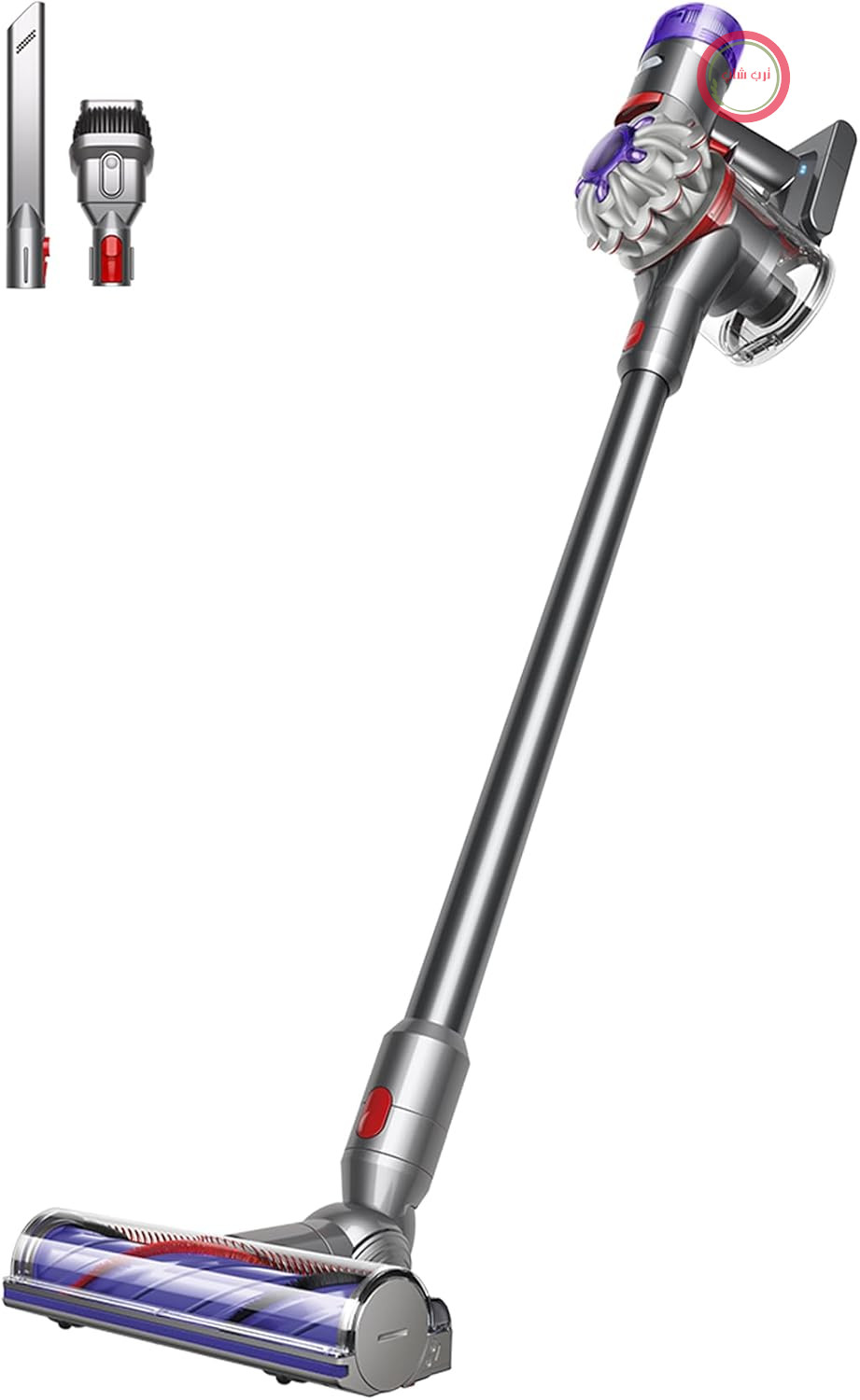 جاروبرقی بی‌سیم Dyson V8 Origin، مدل 115 AW، با قابلیت کارکرد تا 40 دقیقه، همراه با فناوری ضد گره شدن مو، و قابلیت استفاده به صورت دستی و روی زمین.