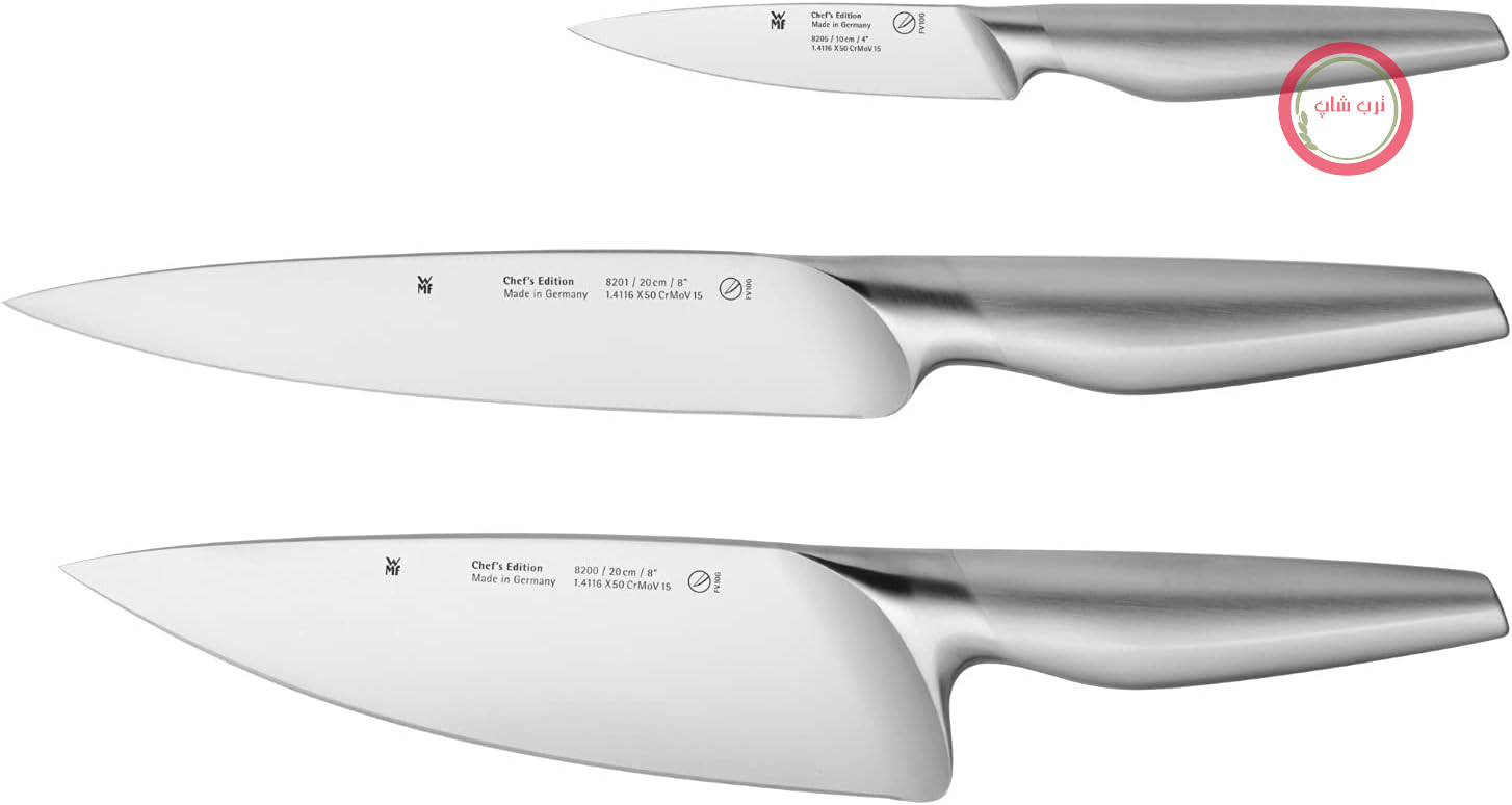 مجموعه چاقوهای WMF Chef's Edition 3 تکه، ساخت آلمان، 3 چاقوی آهنگری شده، چاقوهای آشپزخانه، چاقوهای سرآشپز، چاقوی گوشت، چاقوی سیخ زنی، برش عالی، تیغه فولادی مخصوص، جعبه چوبی