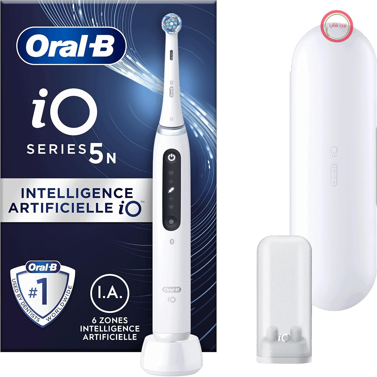 مسواک برقی اورال بی Oral-B iO 5N، دارای حسگر فشار برای محافظت از لثه‌ها و دندان‌های حساس، به همراه لوازم جانبی: ۱ سر مسواک نرم، ۱ شارژر، ۱ کیف مسافرتی، سفید