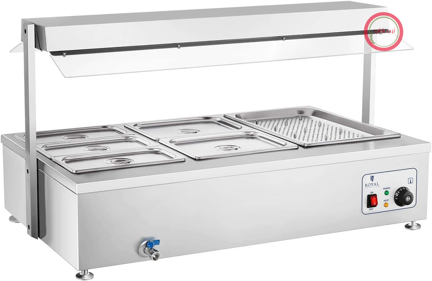 رویال کترینگ مدل RCBM-6WA، بن ماری ۶، مدل GN 2900، ظرفیت ۶ ظرف، درب استیل ضد زنگ، اتصال گوشت، شیر تخلیه، گرمکن غذا، جایگاه سوپ، بشقاب گرمکن، حمام آب، پیشخوان غذای گرم، بن ماری