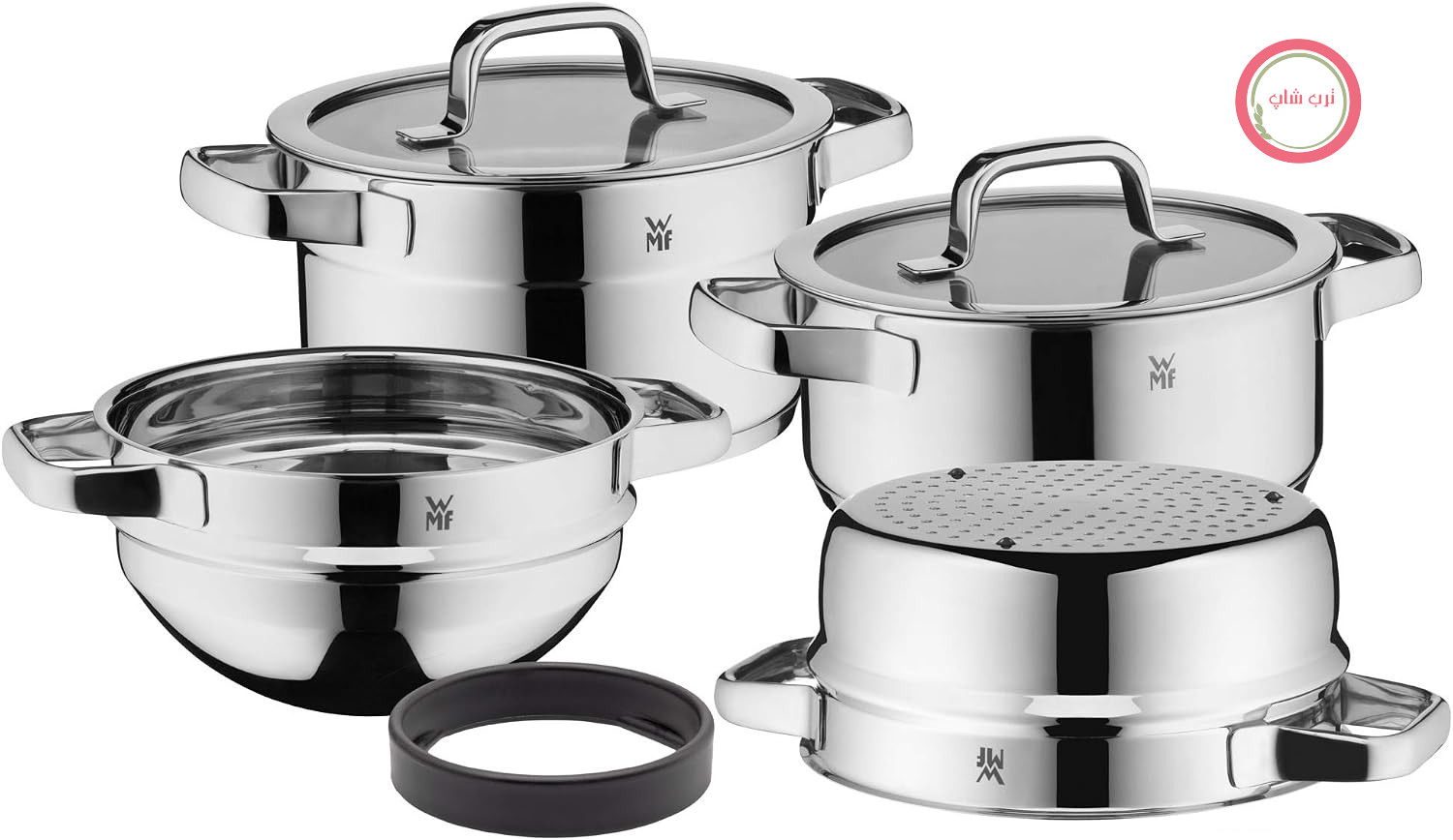 سرویس قابلمه القایی 4 تکه WMF Compact Cuisine، سرویس قابلمه با درب شیشه‌ای، استیل ضد زنگ Cromargan صیقلی، قابلمه و تابه بدون پوشش، مقیاس اندازه‌گیری داخلی