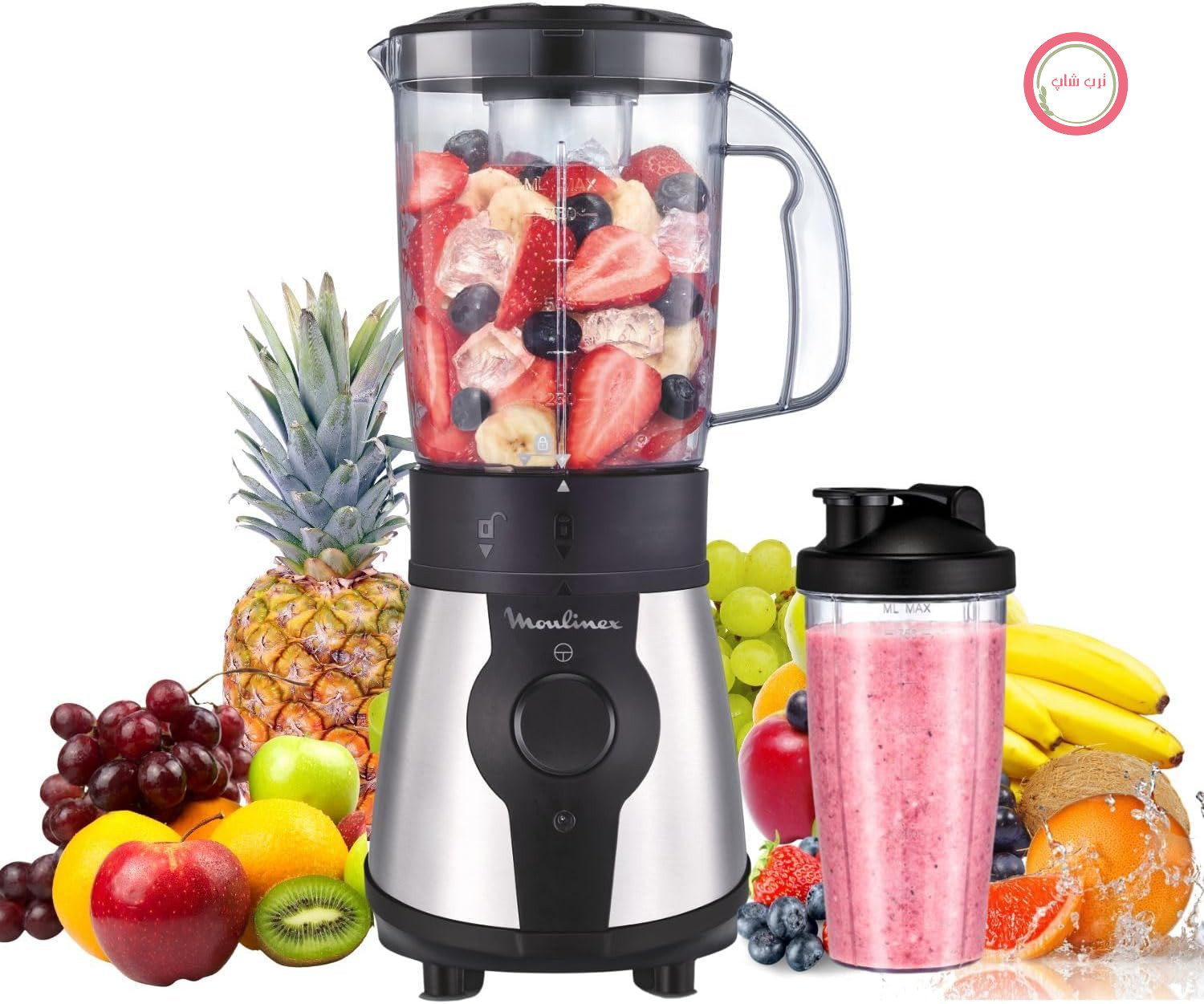 مخلوط کن مولینکس مدل Blend&Go LM1B1D با توان 300 وات، مخلوط کن اسموتی با پارچ پلاستیکی 750 میلی لیتری، شامل بطری قابل حمل 750 میلی لیتری، 4 تیغه قابل جدا شدن، سطوح استیل ضد زنگ