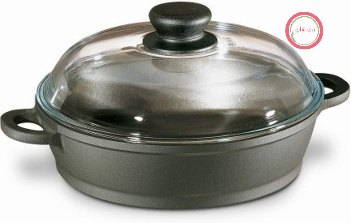 ماهیتابه برندس آلمان بونانزا ۲۸ سانتی‌متری، تابه سرو با روکش و درب نچسب ۳ لایه، آلومینیوم ریخته‌گری مقاوم، روکش نچسب، مشکی