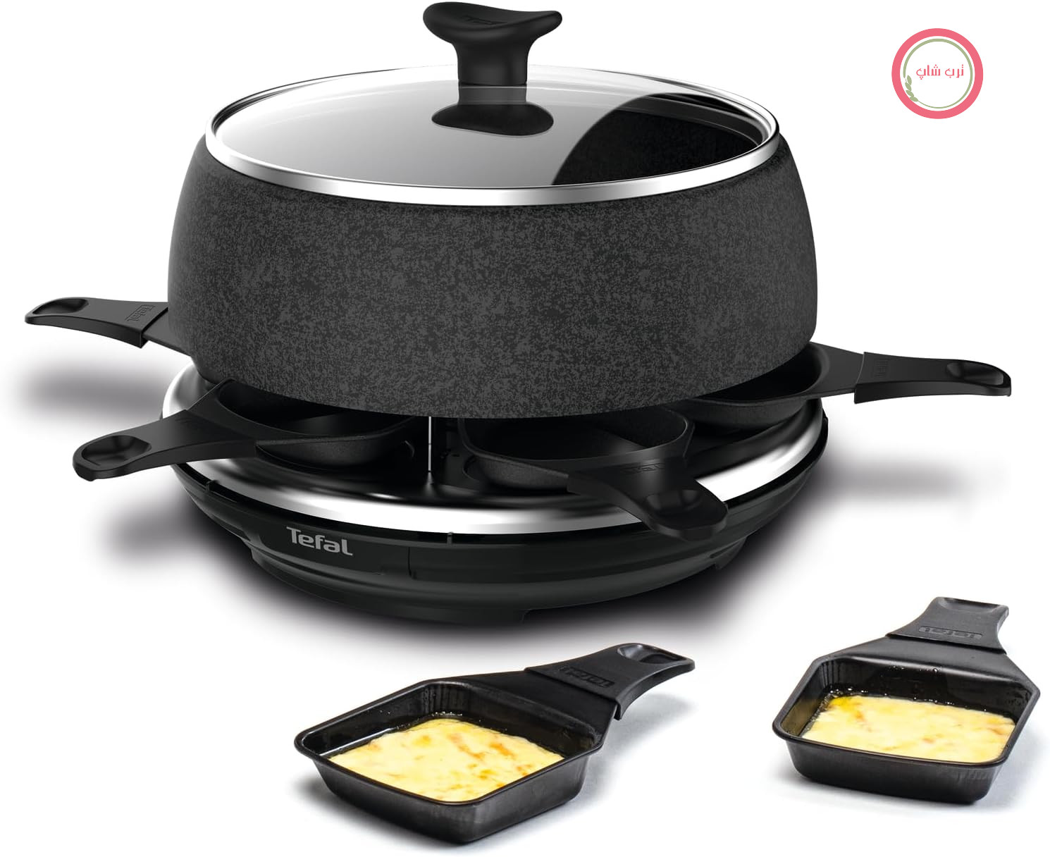 Tefal Raclette & Fondue Cheese'n Co، گریل برقی راکلت + سرویس فوندو، برای 6 نفر، 6 تابه، 6 چنگال، 1 قابلمه + درب، دفترچه دستور غذا، نمای سنگی، قابل شستشو در ماشین ظرفشویی، 850 وات، RE12C8