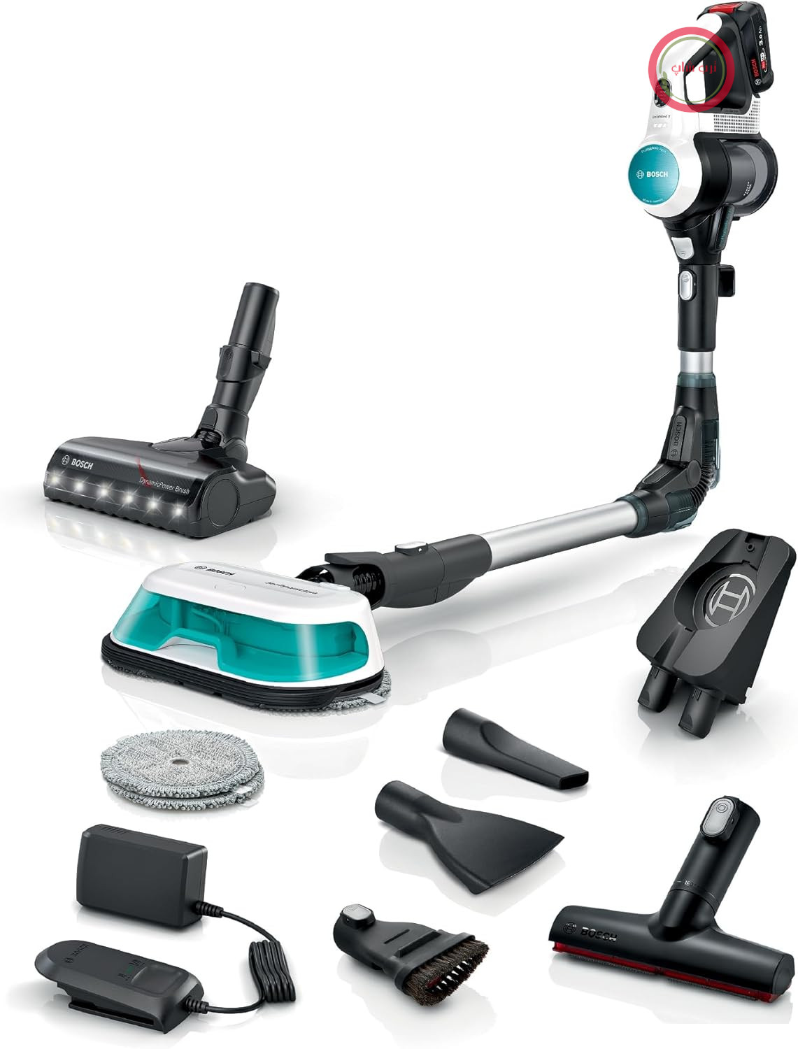 جاروبرقی بی‌سیم Bosch Unlimited 7 ProHygienic Aqua BKS71HYG1، جاروبرقی و تی‌کشی ۲ در ۱، لوله انعطاف‌پذیر، سیستم فیلتر HEPA، ۱۰ سال گارانتی موتور، باتری قابل تعویض، شارژر سریع، ساخت آلمان، سفید