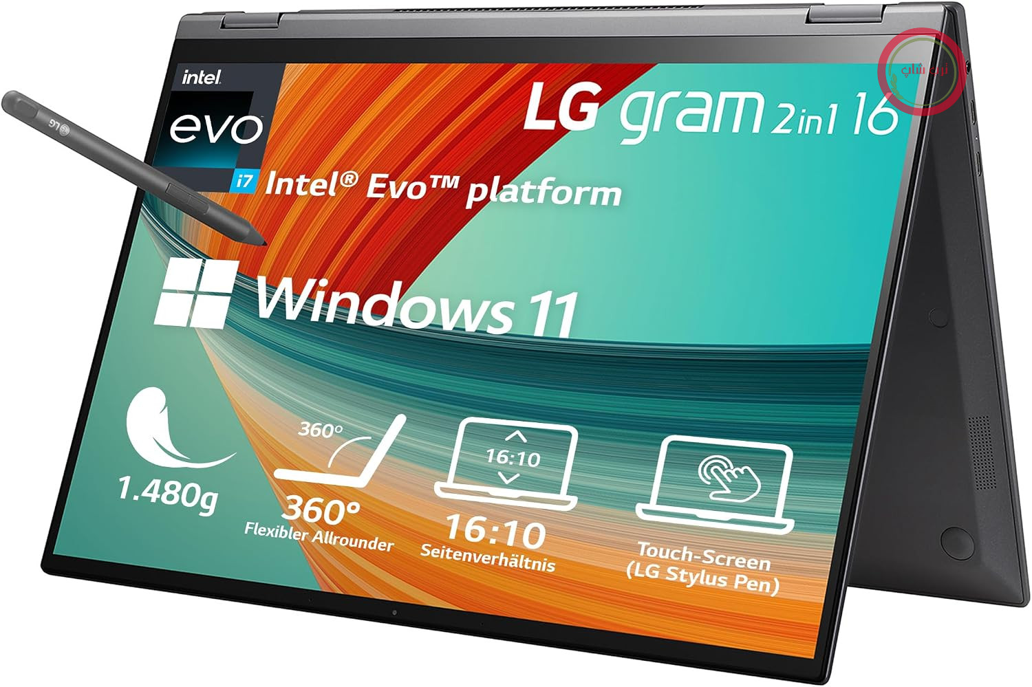 نوت بوک و تبلت تبدیل پذیر LG 2023 Gram 16 Zoll Ultralight 2-in-1 - 1.480 گرم Intel Core i7 (16 گیگابایت رم، 1