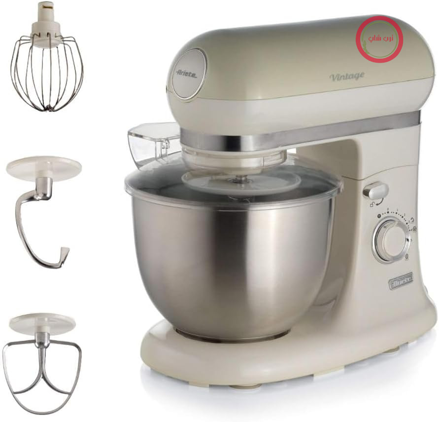 همزن ایستاده Ariete Vintage 1588، همزن سیاره‌ای قدیمی برای نان، پیتزا، خمیر کیک و شیرینی، قلاب خمیر، همزن، ظرفیت ۵.۵ لیتر، ۷ سرعته + عملکرد پالس، ۱۲۰۰ وات، بژ