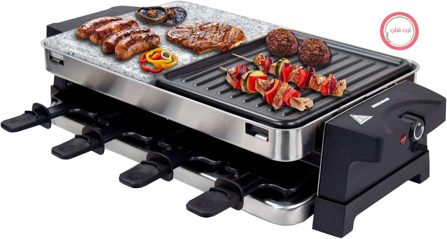 گریل چند منظوره Syntrox Germany Raclette Bernus برای 8 نفر، 1500 وات با سنگ داغ و صفحه نچسب، استیل ضد زنگ شامل 8 تابه