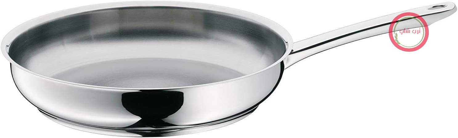 ماهیتابه القایی حرفه‌ای WMF، سایز 28 سانتی‌متر، جنس استیل ضد زنگ بدون روکش، جنس استیل ضد زنگ Cromargan، دسته ارگونومیک استیل ضد زنگ، مناسب برای انواع اجاق گاز، قابل شستشو در ماشین ظرفشویی، قابل استفاده در فر